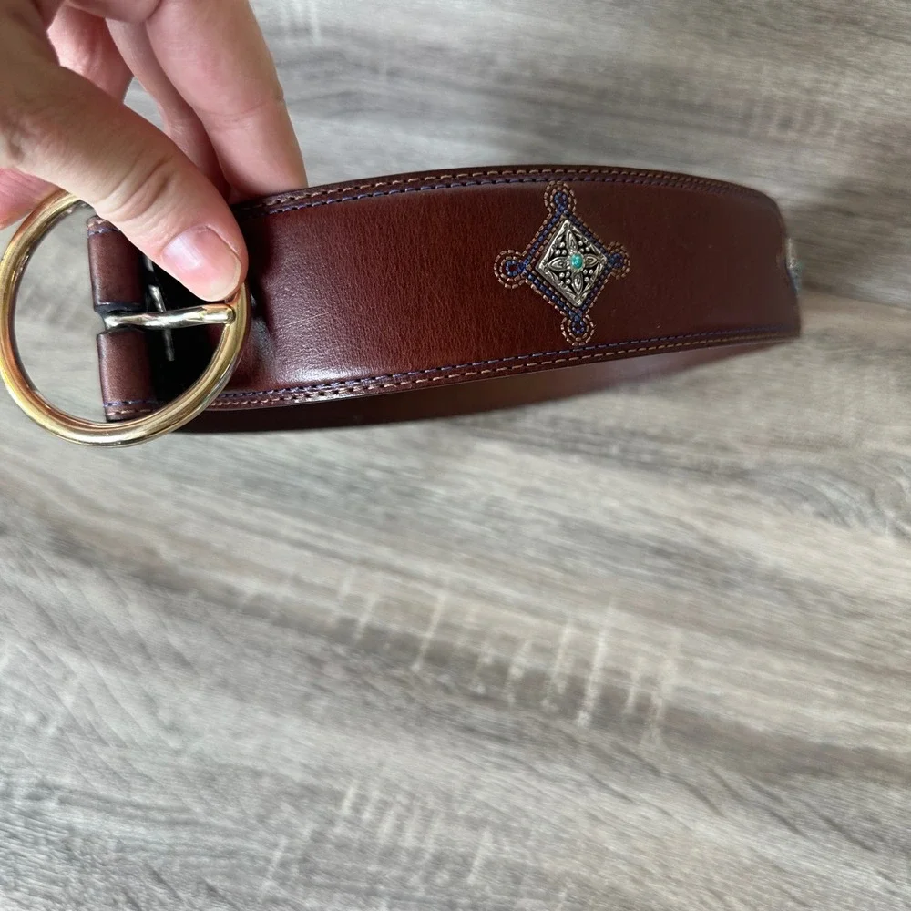 Brighton Womens Brown Leather Belt Turquoise Concho Gold Buckle Size L 34 B20415